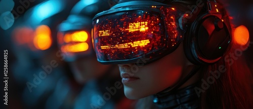 Woman Wearing Futuristic Goggles with Red Lights