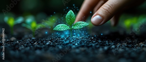 A Hand Nurturing a Small Plant with Blue Glowing Particles