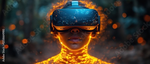 Person Wearing VR Headset with Night City View and Glowing Lights
