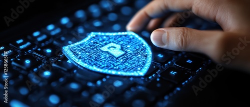 Digital Shield Icon on a Keyboard with a Hand Reaching Out