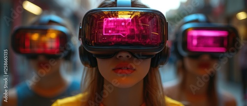 Three Women Wearing Virtual Reality Headsets with a Pink Chat Bubble Displayed