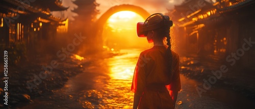 Woman Wearing VR Headset in a Sunset-Lit Asian Town
