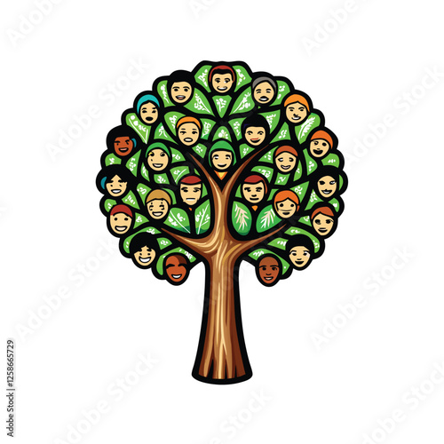 Design a whimsical tree where each leaf is a unique, expressive human face; diverse ages, emotions, and features.  High detail, vibrant colors.