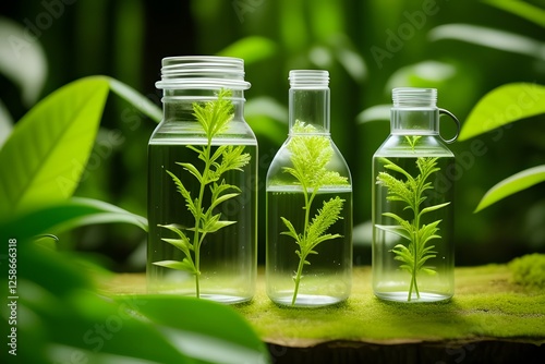 test tube with green plants. Green Plant Essence in Glass Bottles, Natural, Botanical, Herbal, Organic. plant in a glass.Green businesses avoid chemicals that are harmful to the environment. symbolize