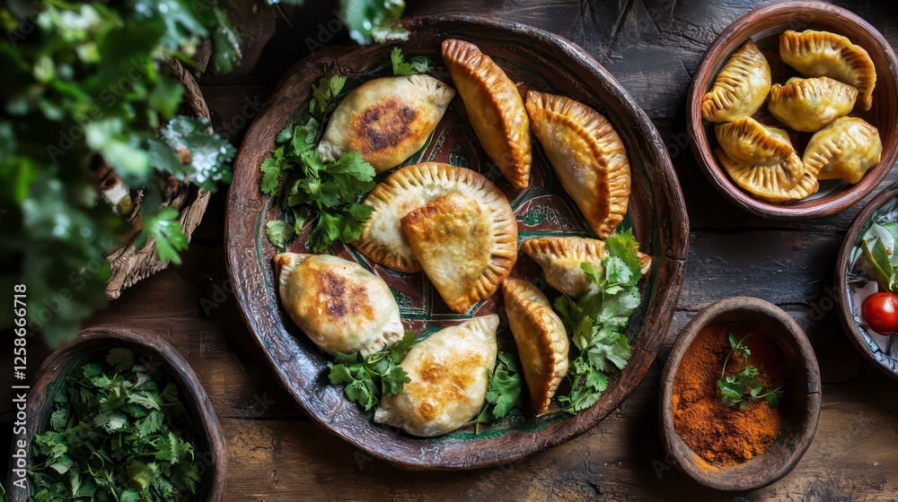 A tantalizing plate of assorted dumplings and empanadas, surrounded by fresh herbs and a small dish of flavorful spices, awaits tasting. A tantalizing plate of assorted dumplings and empanadas, surrounded by fresh herbs and a small dish of flavorful spices, awaits tasting.
