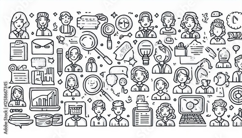 Doodle line icon set work, business job search. Doodle sketch hand drawn style employee search, business work career, company people team icon. Job interview, team person concept. perfect any project.