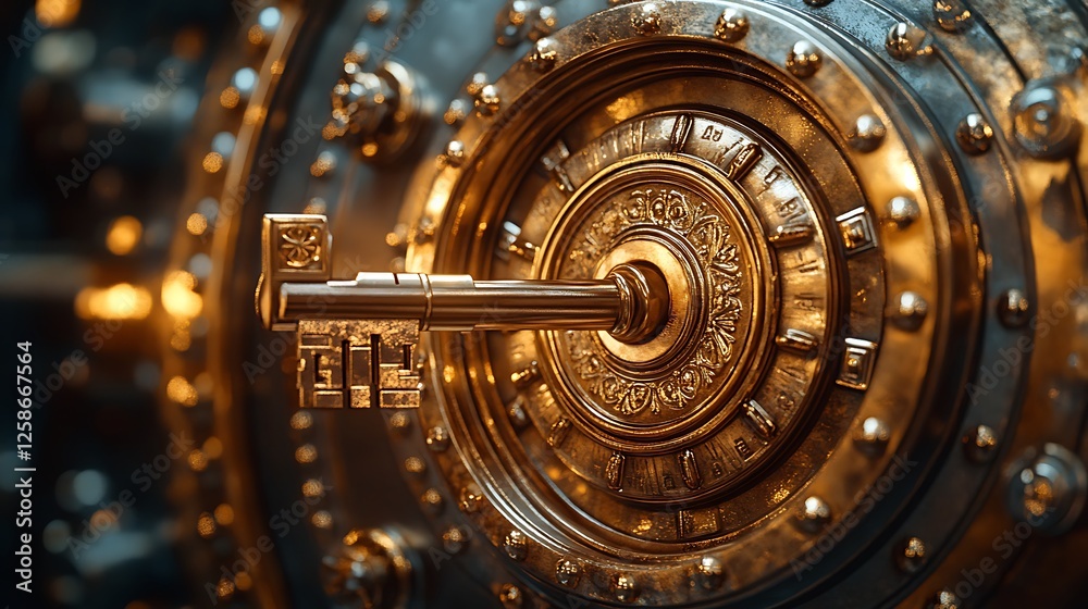 Fototapeta premium Golden key inserted in a decorated vault door discount symbols softly shining