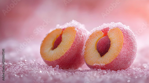 Frozen peach halves on pink ice background photo