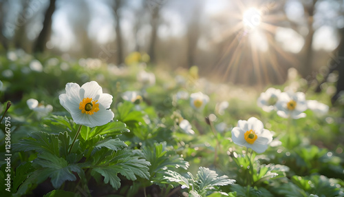 white flowers in a meadow, Vibrant White Anemones Amidst Lush Greenery In Nature