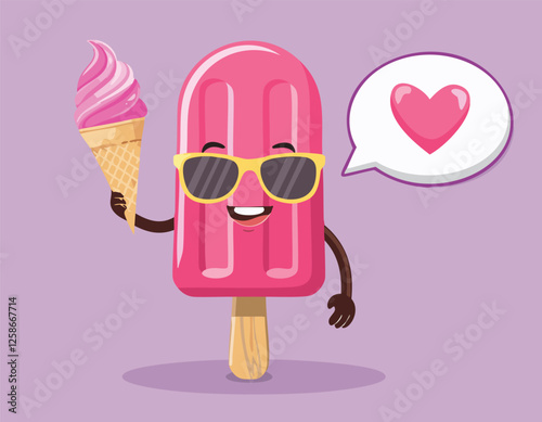A cartoon pink ice cream with a read heart vector.