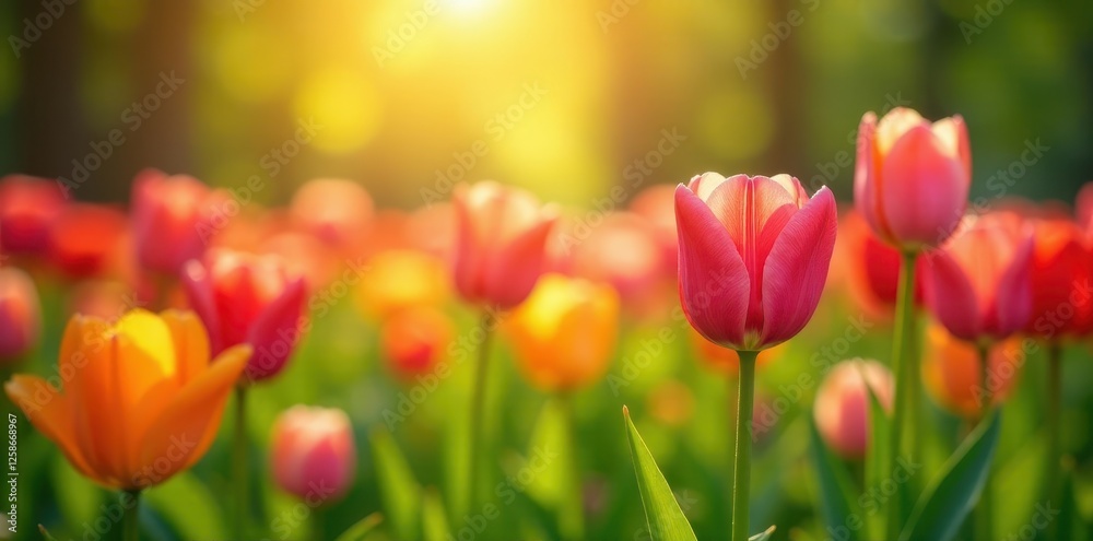 Sunny meadow, vibrant tulips blooming in spring , flowers, season Sunny meadow, vibrant tulips blooming in spring , flowers, season