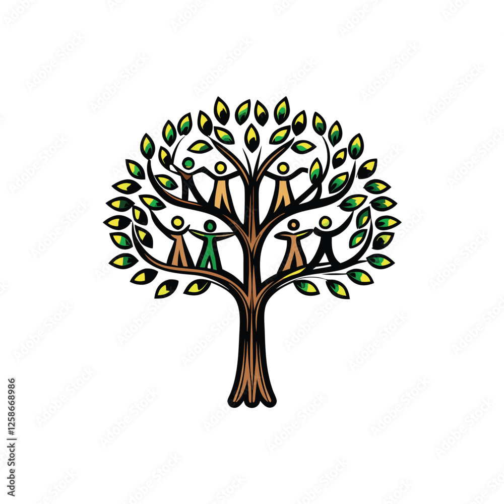 Create a detailed vector illustration of a single deciduous tree, showcasing intricate leaf detail and realistic bark texture.  Include variations in leaf shape and color.