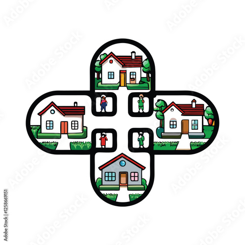 Create a vibrant vector illustration depicting diverse families happily interacting outside their various homes, showcasing community spirit and suburban life.