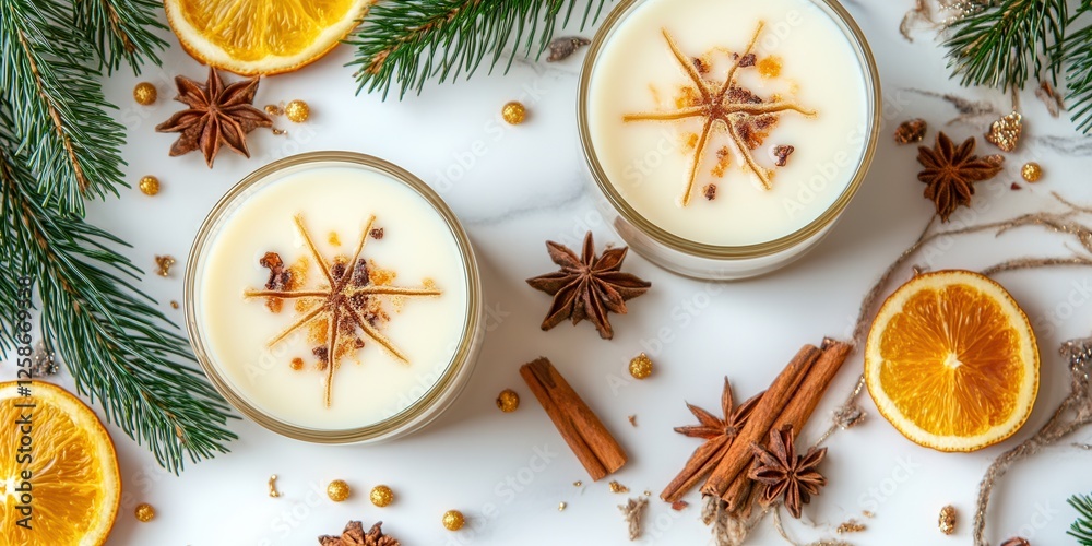 Two glasses of milk are accompanied by orange slices and cinnamon sticks, beautifully arranged on a wooden table, creating a refreshing, cozy atmosphere. Two glasses of milk are accompanied by orange slices and cinnamon sticks, beautifully arranged on a wooden table, creating a refreshing, cozy atmosphere.