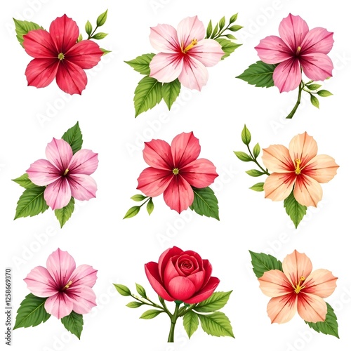 A pattern of spring pink and yellow flowers on a white background.