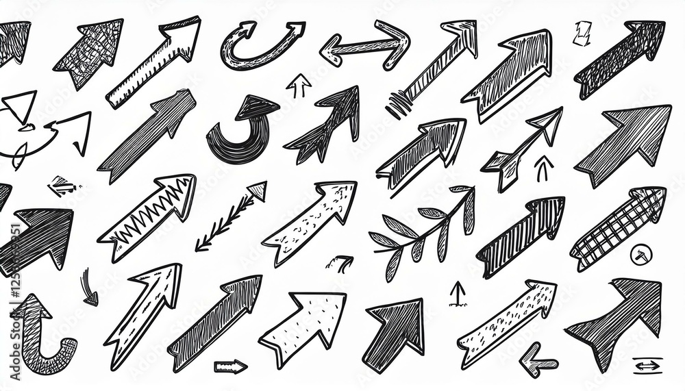 Obraz premium Arrow vector hand drawn sketch icon set. Doodle sketch hand drawn black direction element set. Pencil doodle line graphic design elements. Left, right, growth direction arrow. perfect any project.