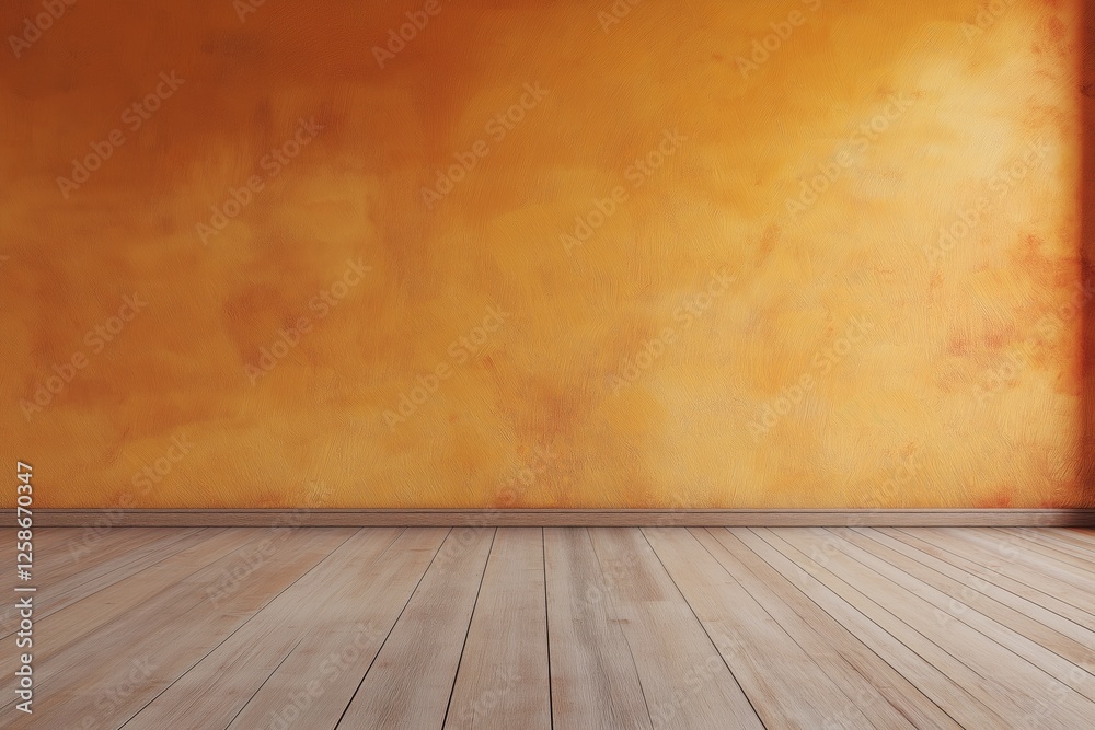 Empty room mockup featuring a smooth ochre wall and natural wood flooring ideal for interior design inspiration or showcasing decor options Empty room mockup featuring a smooth ochre wall and natural wood flooring ideal for interior design inspiration or showcasing decor options