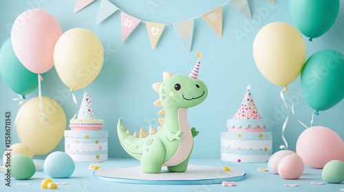 Fototapeta Naklejka Na Ścianę i Meble -  toy dinosaur at a birthday party with birthday cakes