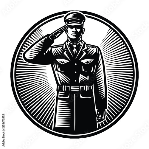 Full-body silhouette of a soldier standing tall and saluting, showcasing a strong, respectful posture with clear, defined lines representing honor and discipline.