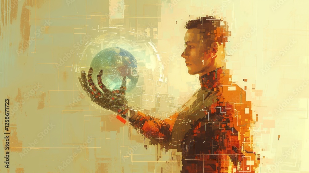 A futuristic man with cybernetic elements holds a glowing Earth, representing AI, data, and technological evolution. A stunning sci-fi digital artwork. AI generated.