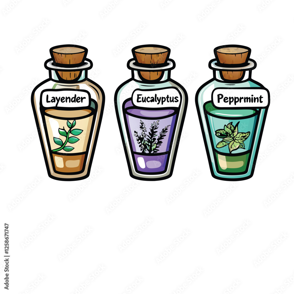 Create a vector illustration of a collection of essential oil bottles, showcasing various aromatherapy blends. Include detailed labels and diverse bottle shapes. Create a vector illustration of a collection of essential oil bottles, showcasing various aromatherapy blends. Include detailed labels and diverse bottle shapes.