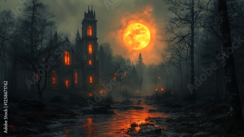 An abandoned village with eerie lights and twisted trees under a haunting orange moon