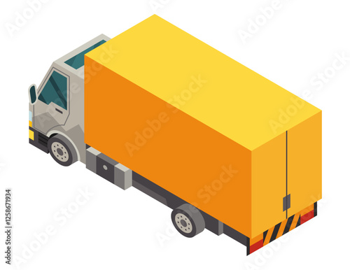 An Isometric Illustration of a Delivery Truck Featuring Orange Cargo and City Background