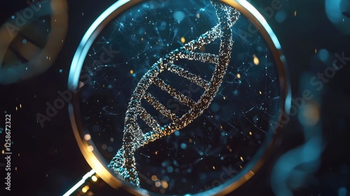 Magnified DNA helix with particle-like effect under magnifying glass