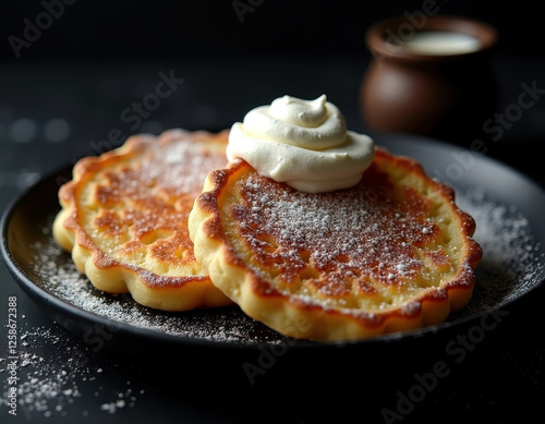 Delicious syrniki with whipped cream on black plate for perfect breakfast photo