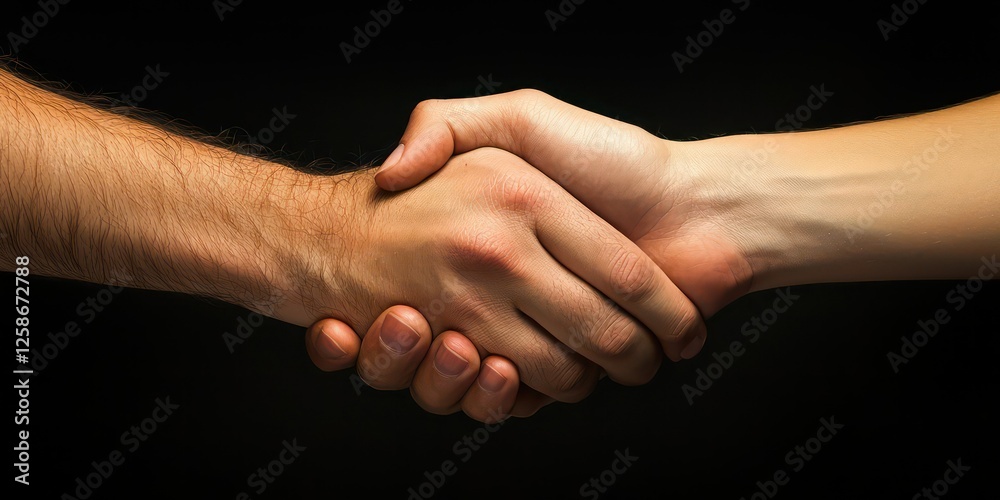 Two hands clasping firmly over a signed agreement or contract. Two hands clasping firmly over a signed agreement or contract.
