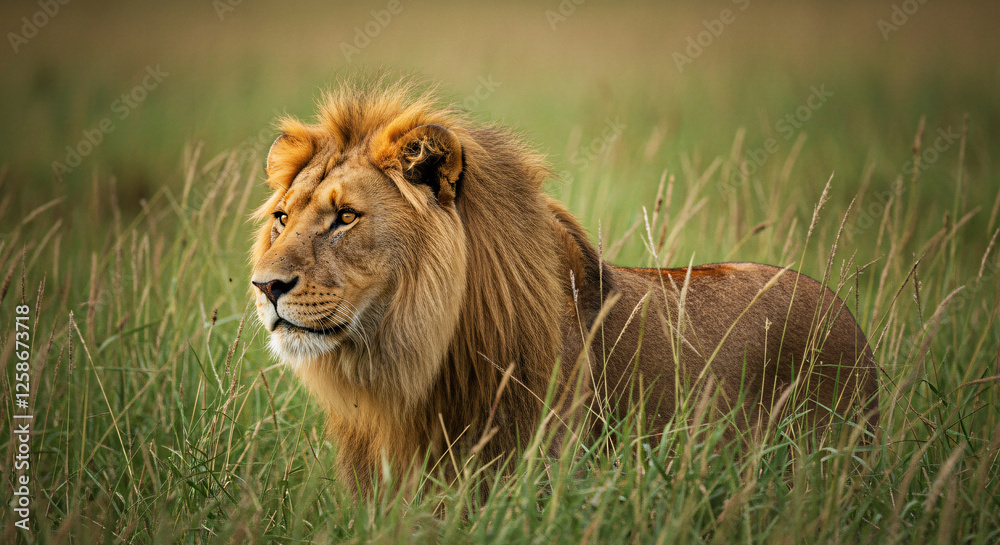 Fototapeta premium A majestic lion stands in lush green grass, gazing into the distance. Its golden mane and piercing eyes exude power and grace, embodying the wild beauty of the African savanna.