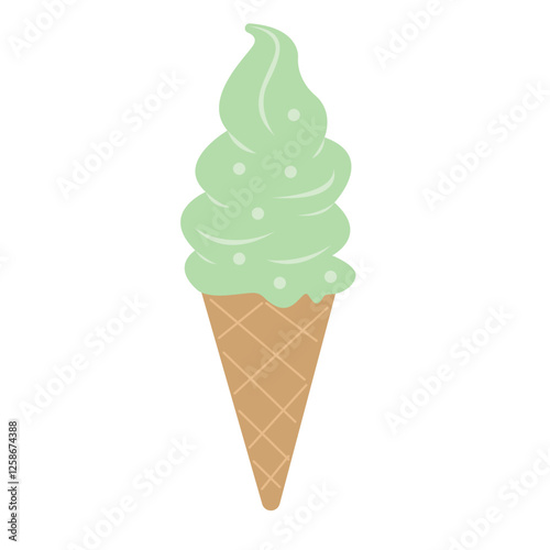 Green ice cream cone suitable for summer themed designs, food blogs, dessert menus, and children's illustrations. Refreshing and vibrant treat