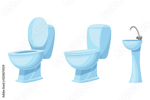 New ceramic toilet bowl and washbasin. Clean bathroom interior element of decoration. Vector cartoon flat illustration