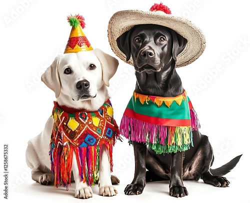 Two Labrador dogs, one black and the other white, dressed for Mexican cinco de mayo party with a sombrero hat
