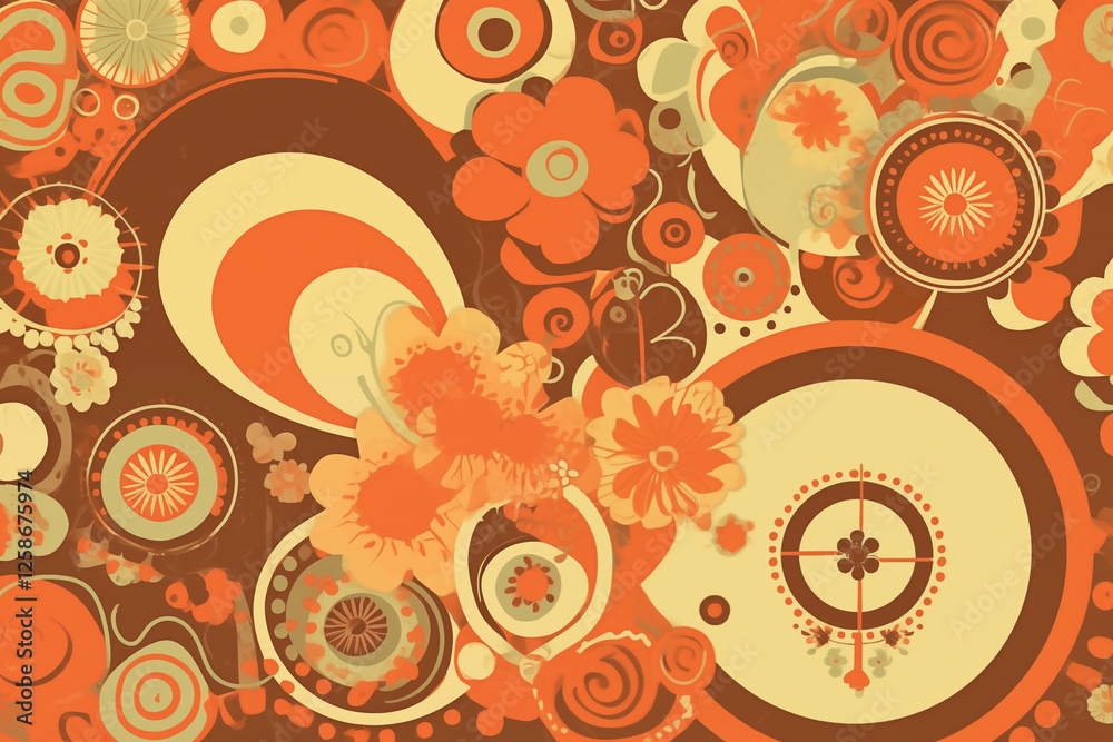 Fototapeta premium A playful 1970s-style Valentine's Day card featuring groovy typography, warm earthy tones, and abstract heart shapes.