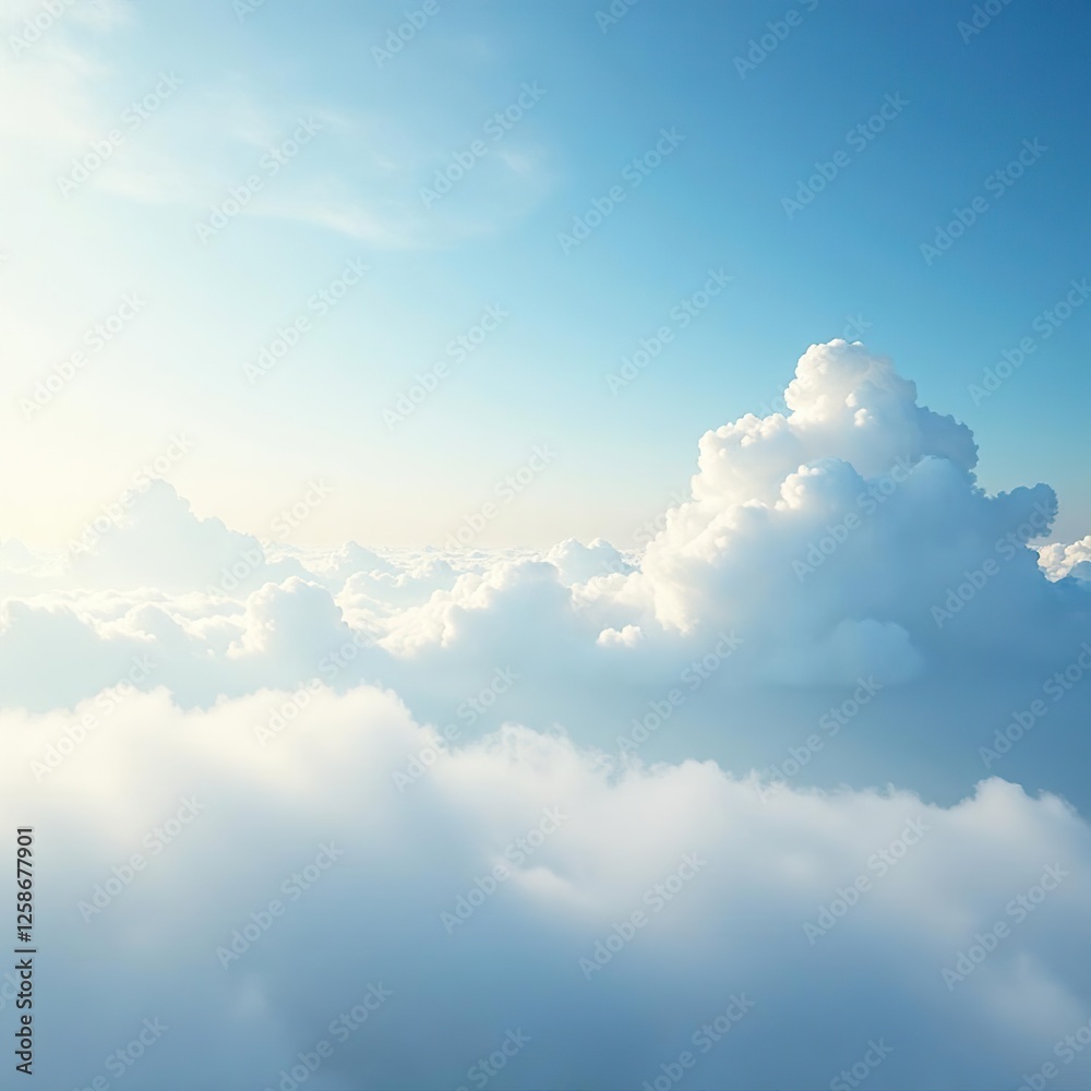 Calm morning sky with fluffy white clouds and soft blue hues, misty, nature Calm morning sky with fluffy white clouds and soft blue hues, misty, nature