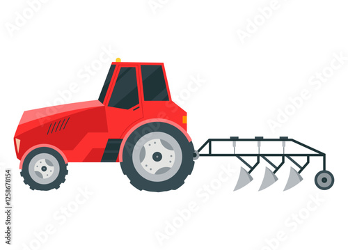Tractor ready to plowing the field in rural or countryside land. Farm life, equipment for soil cultivation. Vector cartoon illustration