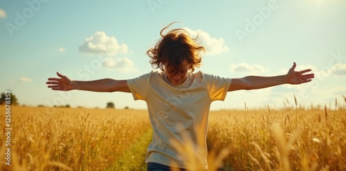 Teenage figure in field, arms outstretched, windswept hair , growth, unburdened photo