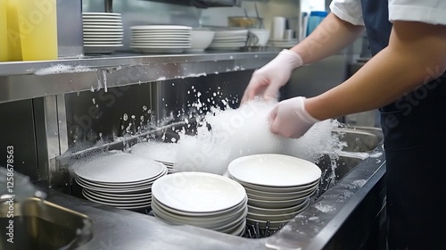 Chef washing dishes in commercial kitchen sink.