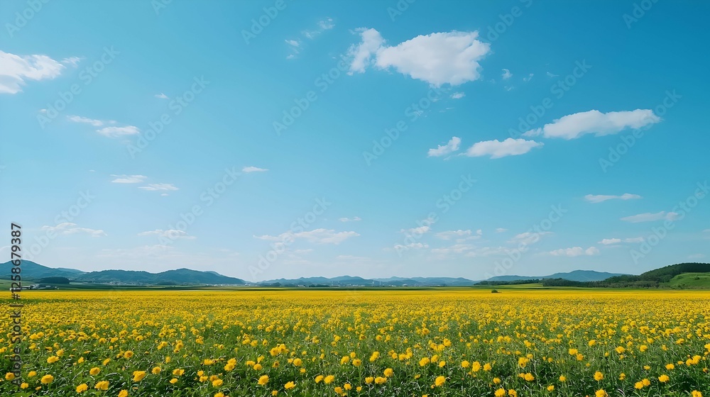 Obraz premium Vibrant Yellow Sunflower Field Under a Sunny Blue Sky