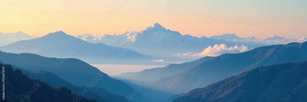 Cloud-draped mountain slopes bathed in warm sunlight, cloud, blue, dawn Cloud-draped mountain slopes bathed in warm sunlight, cloud, blue, dawn