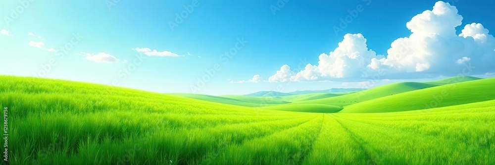 Naklejka premium calm and quiet scene of green fields under open sky, fields, blue, green