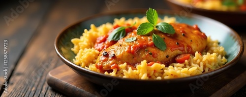 Chicken breast cooked in a rich creamy tomato sauce served with pilau rice, balti, Indian cuisine