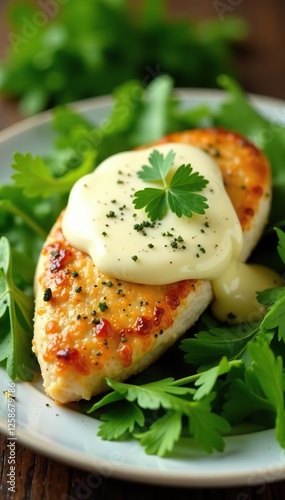 Chicken breast with a layer of creamy besciamella sauce on top of a bed of fresh parsley, cream, indulgent, herb