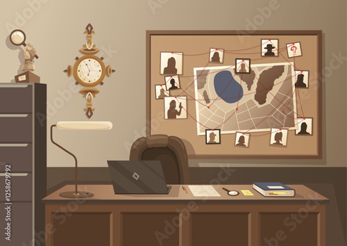 Detective office interior. Crime and criminal evidence. Wall board, wits and deduction system. Vector flat style cartoon illustration isolated on white background