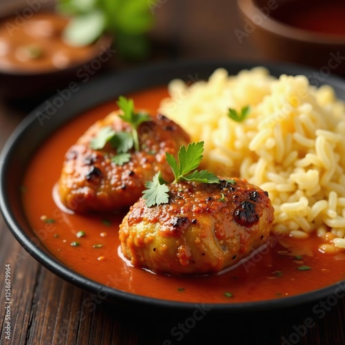 Chicken tikka cooked in a flavorful tomato-based gravy, hara masala, basmati rice