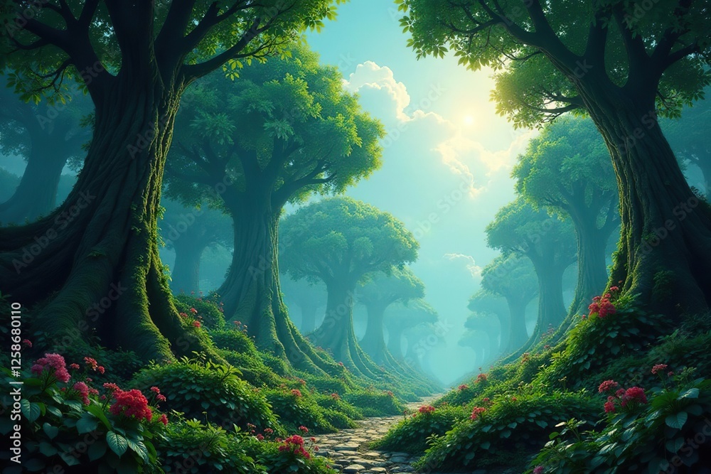 Cellular landscape with towering trees and vines, botanical, jungle Cellular landscape with towering trees and vines, botanical, jungle