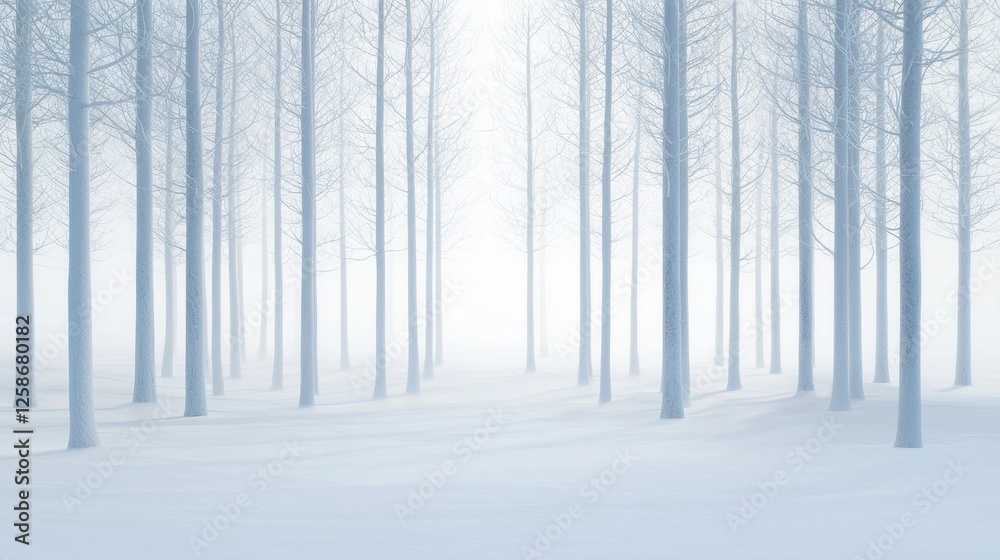 Fototapeta premium Snowy Forest Landscape with Tall Trees Surrounded by a Soft Blanket of White Snow and Misty Atmosphere