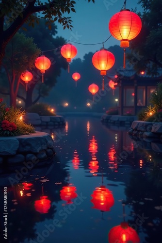 Chinese lanterns float gently in the air above a garden pond at dusk, Water, Night, Pond