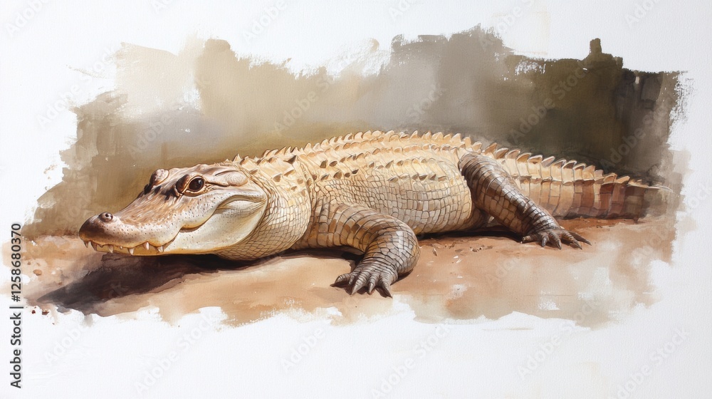 Naklejka premium Crocodile sunbathing on riverbank in tropical environment captured during afternoon hours, drawing
